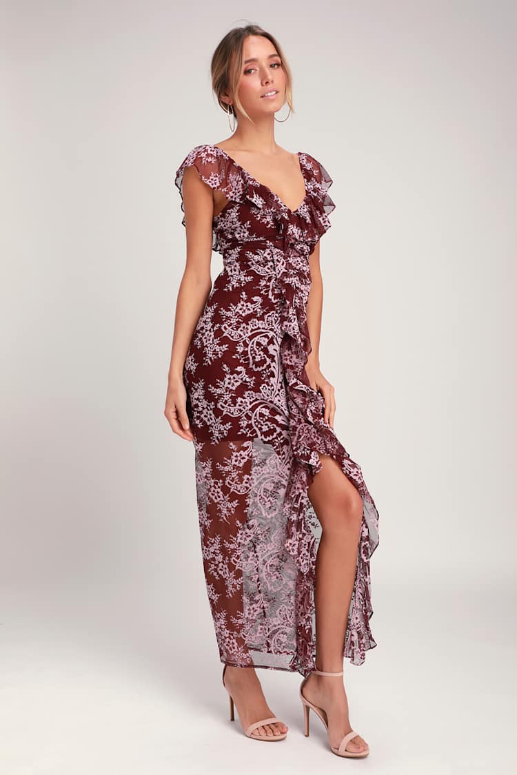 Marie Burgundy Floral Print Ruched Lace Ruffled Maxi Dress