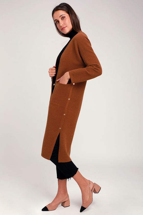 Yolanda Light Brown Ribbed Midi Cardigan Sweater 1