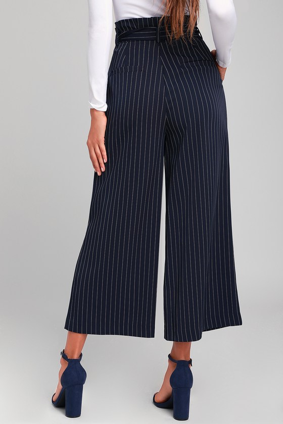 blue and white striped paper bag pants