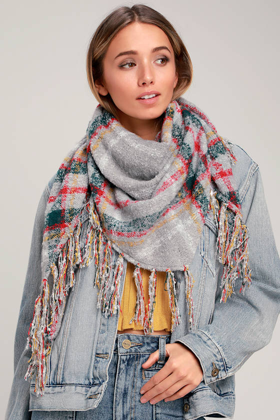 Freemont Grey Plaid Fringe Bandana Scarf 1