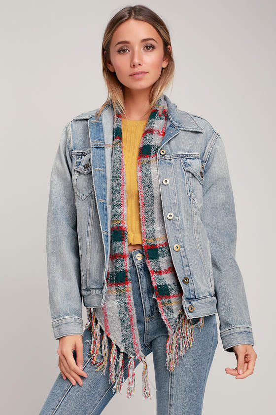 Freemont Grey Plaid Fringe Bandana Scarf 2