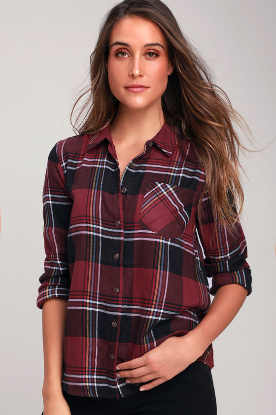 Sangria Burgundy Plaid Flannel Button-Up Long Sleeve Top