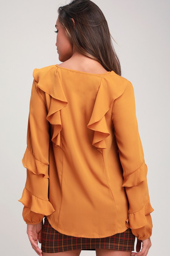 Cute Mustard Yellow Blouse Ruffle Top Ruffled ButtonUp Top