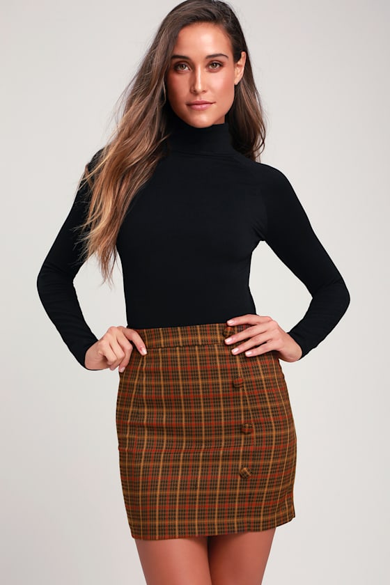 Janina Brown Houndstooth Plaid Button-Front Mini Skirt 5