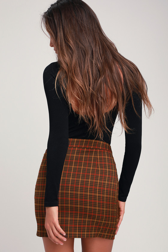 Janina Brown Houndstooth Plaid Button-Front Mini Skirt