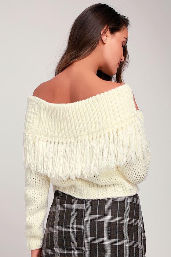 Love Again Ivory Off-the-Shoulder Fringe Knit Sweater 2