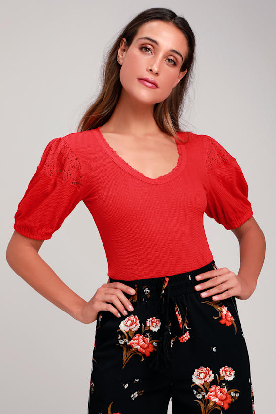 Free People St James Red Puff Sleeve Tee Red Puff Sleeve Top Lulus