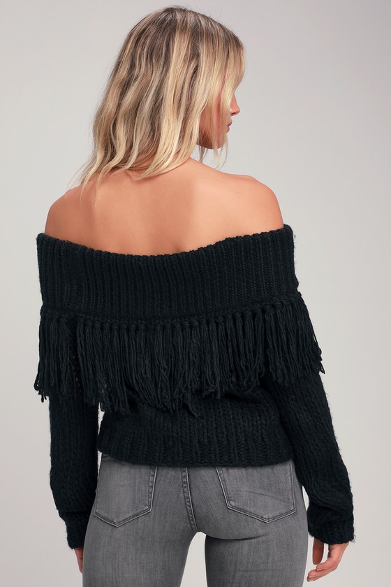 off shoulder fringe sweater