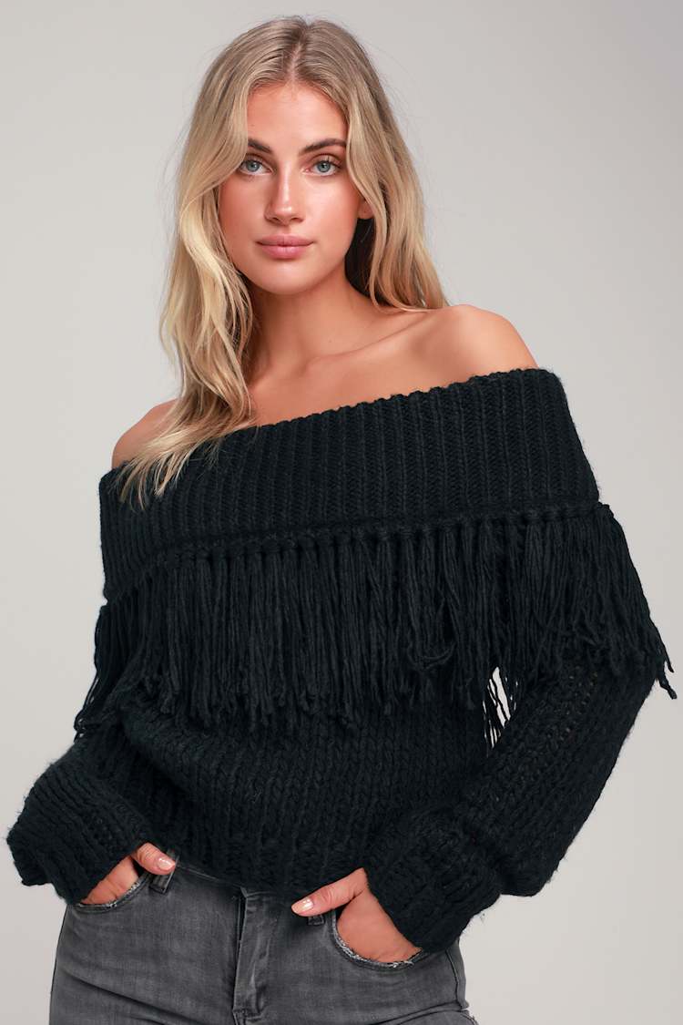 Cute Black Sweater - Off-the-Shoulder Sweater - Fringe Sweater - Lulus