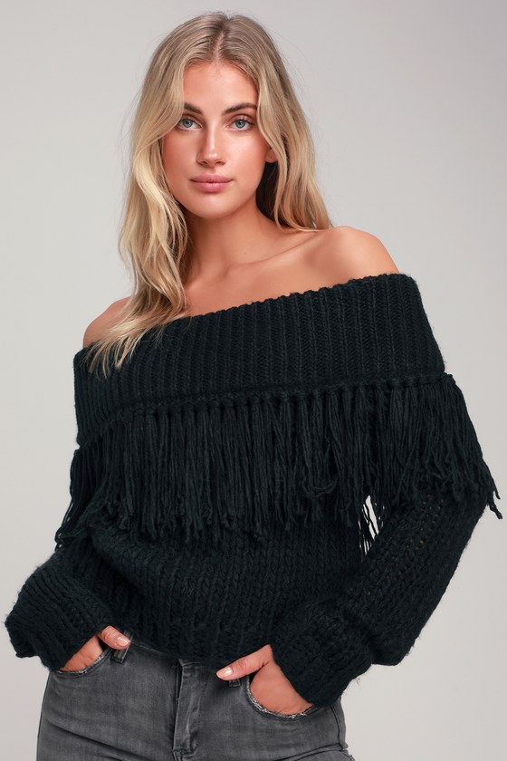 Cute Black Sweater - Off-the-Shoulder Sweater - Fringe Sweater - Lulus