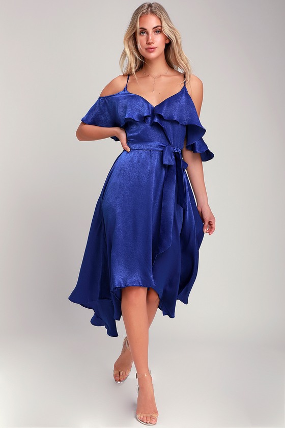 blue satin off the shoulder dress