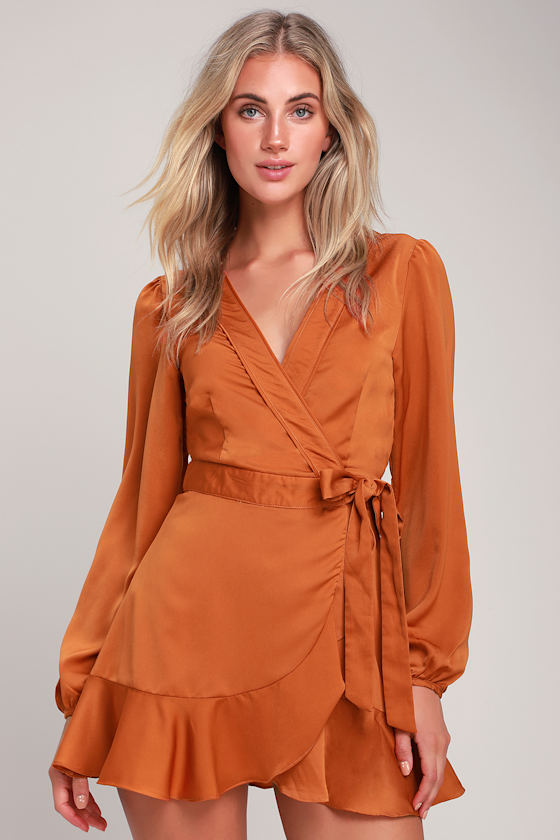 Lilya Rust Orange Long Sleeve Satin Wrap Dress 2