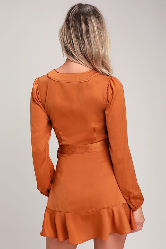 Lilya Rust Orange Long Sleeve Satin Wrap Dress 4