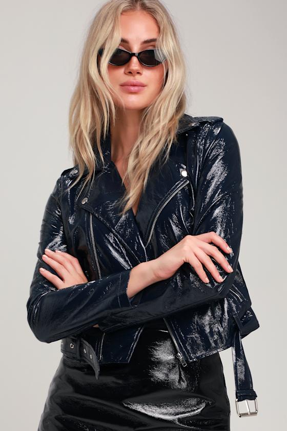 Cool Navy Blue Moto Jacket Patent Vegan Leather Moto Jacket Lulus
