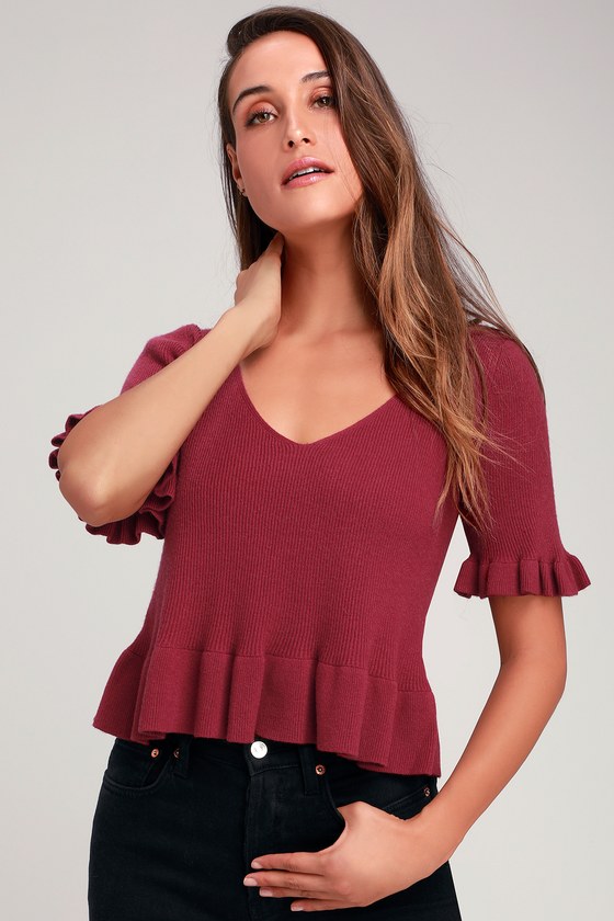Burgundy Sweater Top - Ruffled Top - Short Sleeve Sweater Top - Lulus
