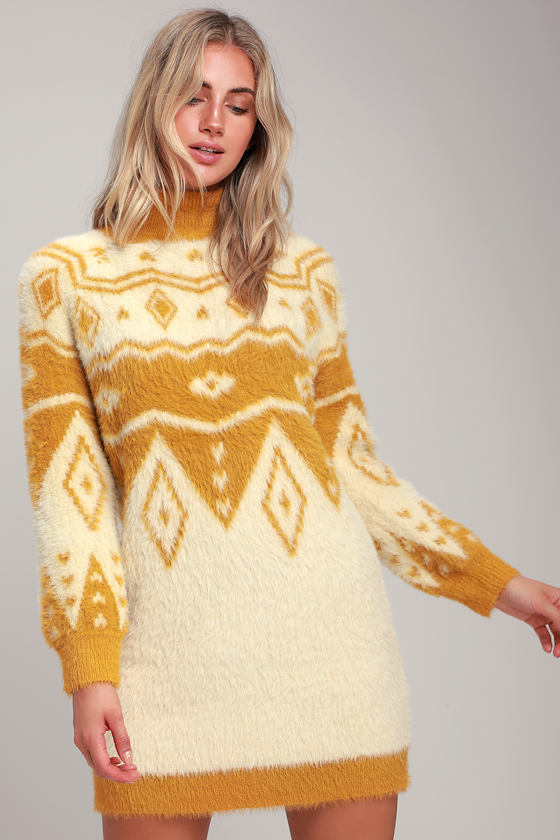 Manitou Mustard Yellow Print Fuzzy Sweater Dress 3