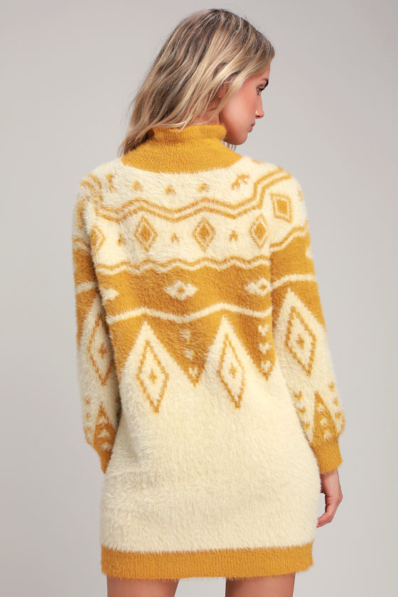 Manitou Mustard Yellow Print Fuzzy Sweater Dress 5