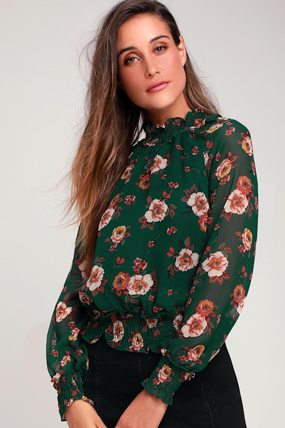 Alia Green Floral Print Sheer Long Sleeve Mock Neck Top 3