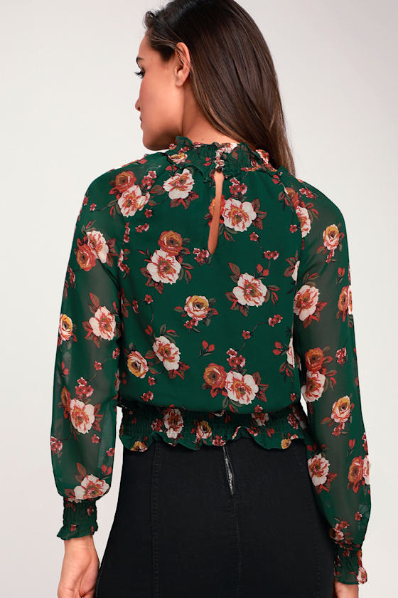 Alia Green Floral Print Sheer Long Sleeve Mock Neck Top 5
