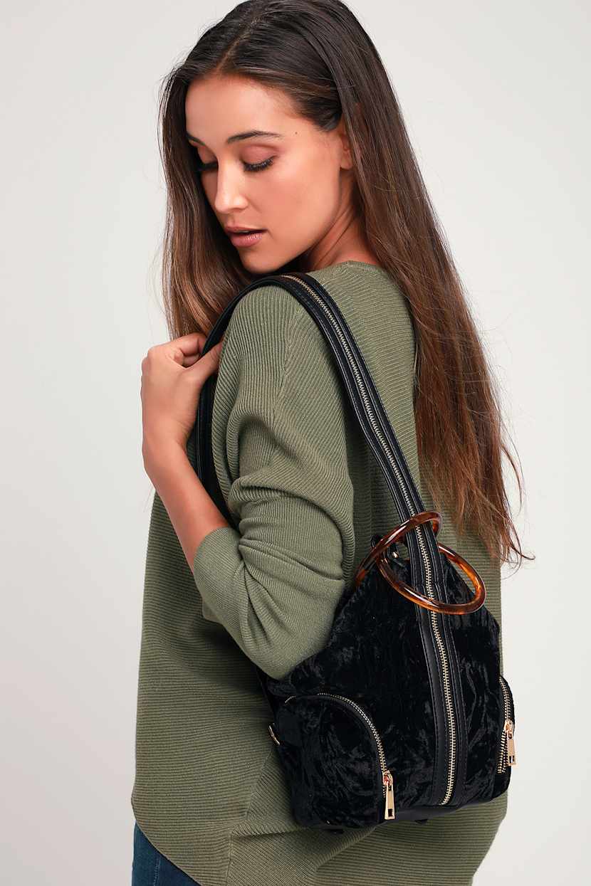 crushed velvet mini backpack Cool Velvet Bag - Black Velvet Bag - Mini Velvet Backpack