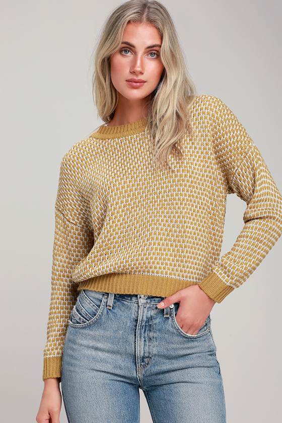 Cute White and Mustard Yellow Sweater ThreeQuarter Sleeve Top Lulus