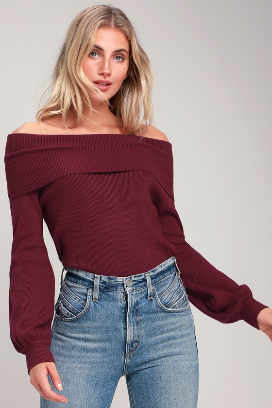 Cute Burgundy Sweater - Off-the-Shoulder Sweater - Knit Sweater - Lulus