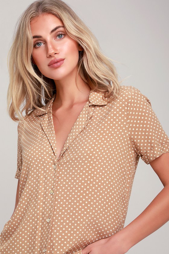 Palma White and Tan Polka Dot Button Up Top