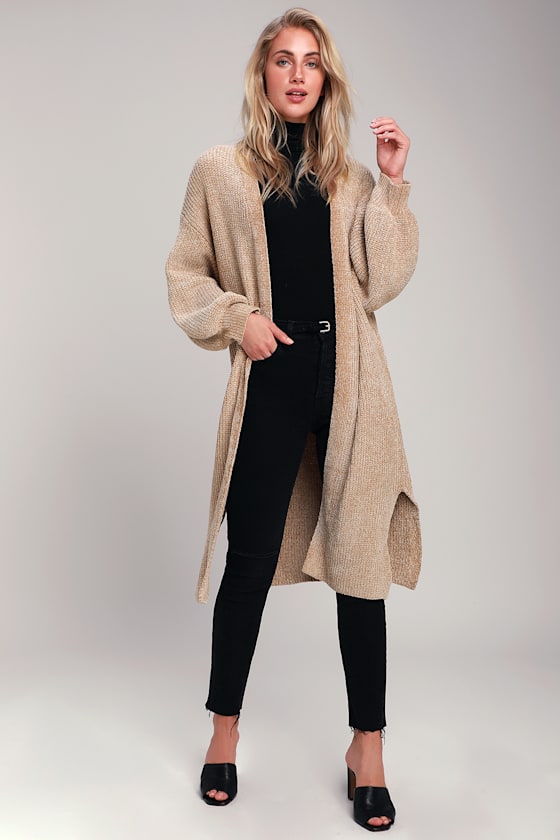 At Home Beige Chenille Long Cardigan Sweater 1