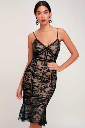 Stunning Black Lace Dress - Black and Beige Dress - Trumpet Dress - Lulus