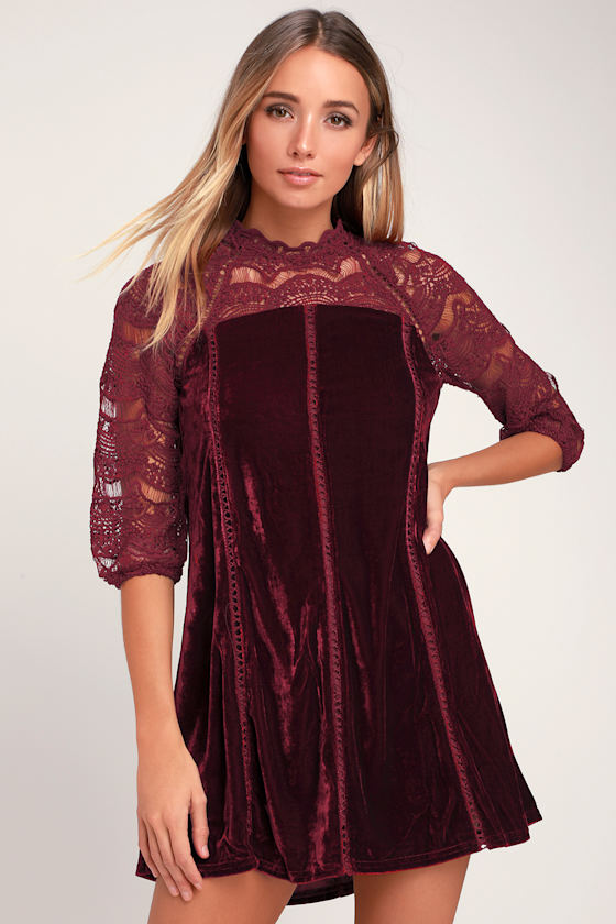 Lovely Velvet Dress Burgundy Velvet Dress Crochet Lace Dress Lulus