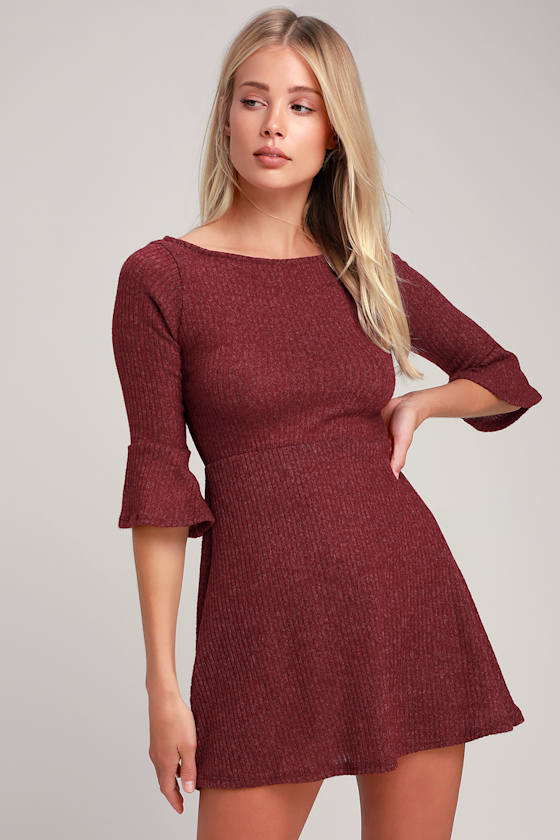Cuddle Squad Wine Red Flounce Sleeve Skater Dress 3
