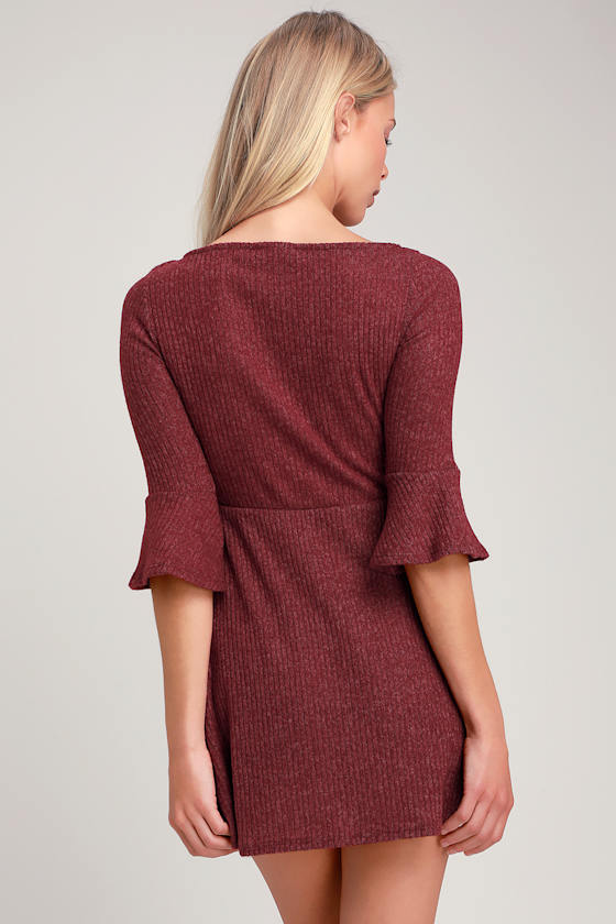 Cuddle Squad Wine Red Flounce Sleeve Skater Dress 5