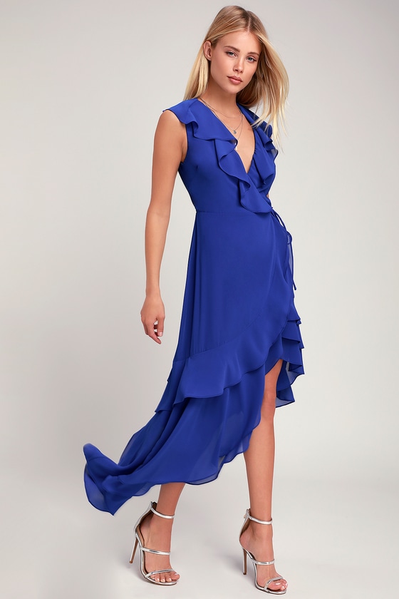 navy ruffle wrap dress