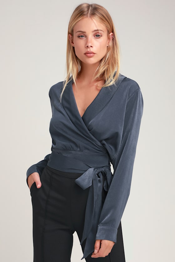 Chic Washed Navy Blue Top Satin Top Long Sleeve Wrap Top Lulus