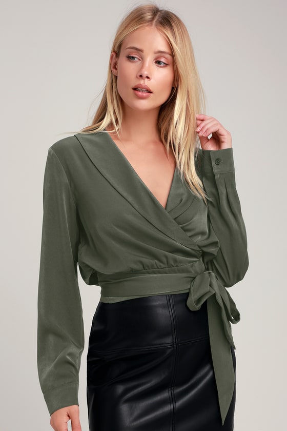 Green satin wrap top shop