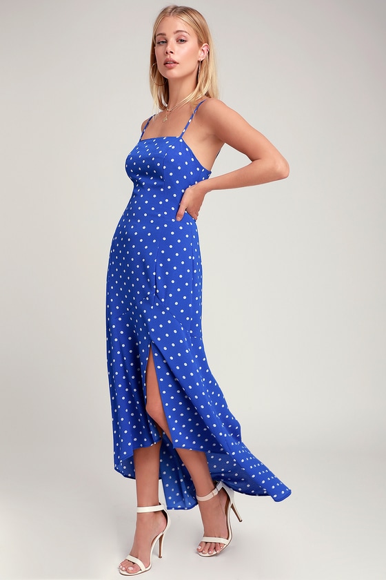 Addi Royal Blue Polka Dot Midi Dress - Add some chic playfulness to your day with the LUSH Addi Royal Blue Polka Dot Midi Dress! Gauzy woven fabric, in a chic white polka dot print, shapes this must-have dress with a square neckline and princess-seamed bodice. The midi-length skirt falls into an asymmetrical, high-low, ruffled hem, with side slit. Spaghetti straps and a hidden back zipper.