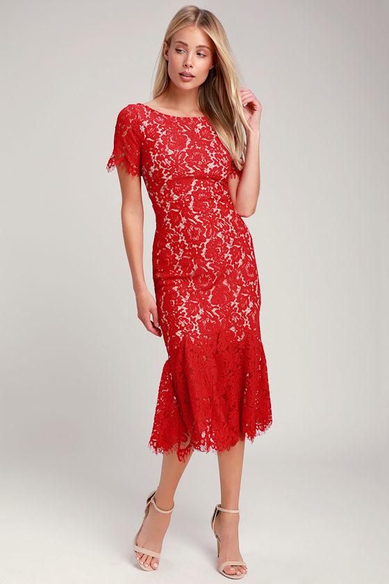 Love You Tonight Red Lace Midi Dress 1