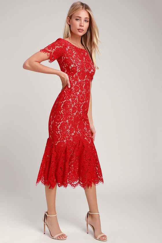 Stunning Red Dress Red Lace Dress Lace Midi Dress Lulus