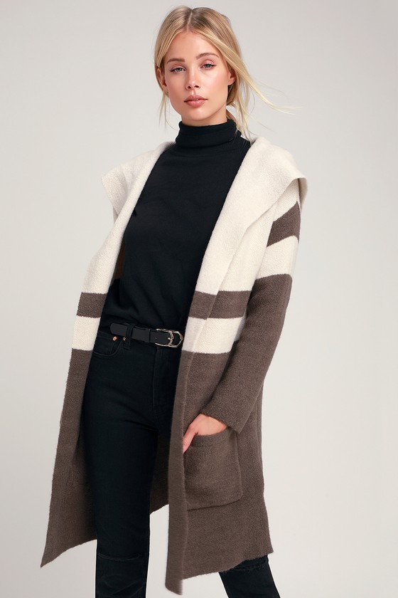 Grey and Taupe Sweater - Cardigan Sweater - Hooded Sweater Cardi - Lulus