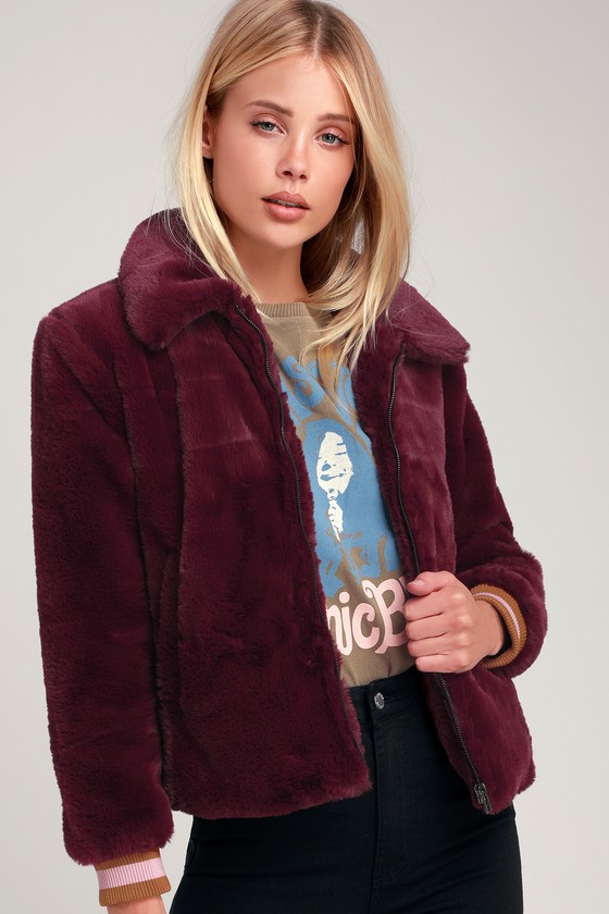 J.O.A. Tinnifer - Burgundy Faux Fur Jacket - Fur Bomber Jacket - Lulus