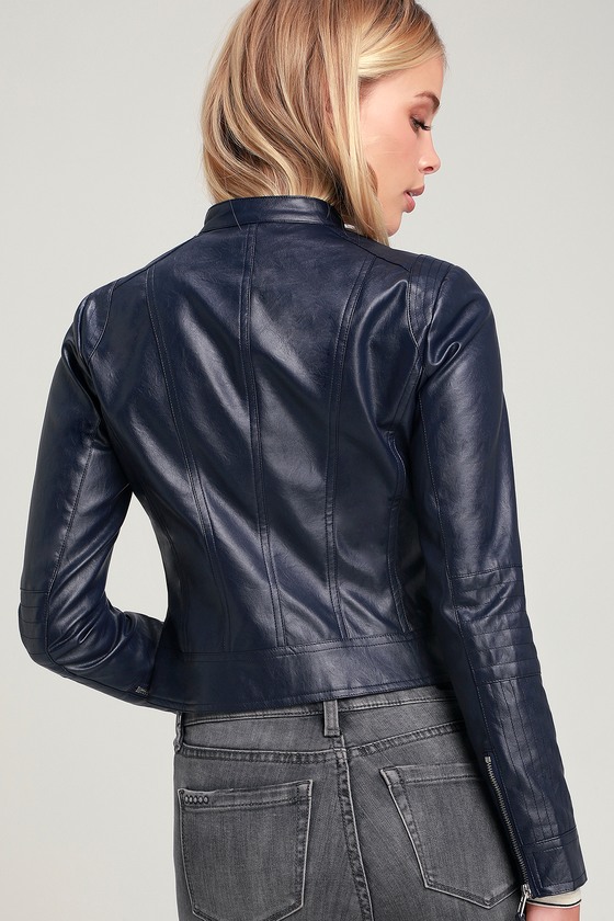 Don T Hold Back Navy Blue Vegan Leather Moto Jacket