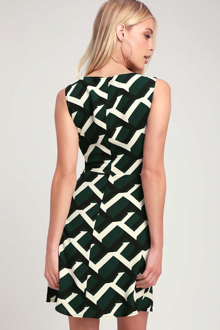 Forest Green Print Dress - Mini Dress - Geometric Print Dress - Lulus