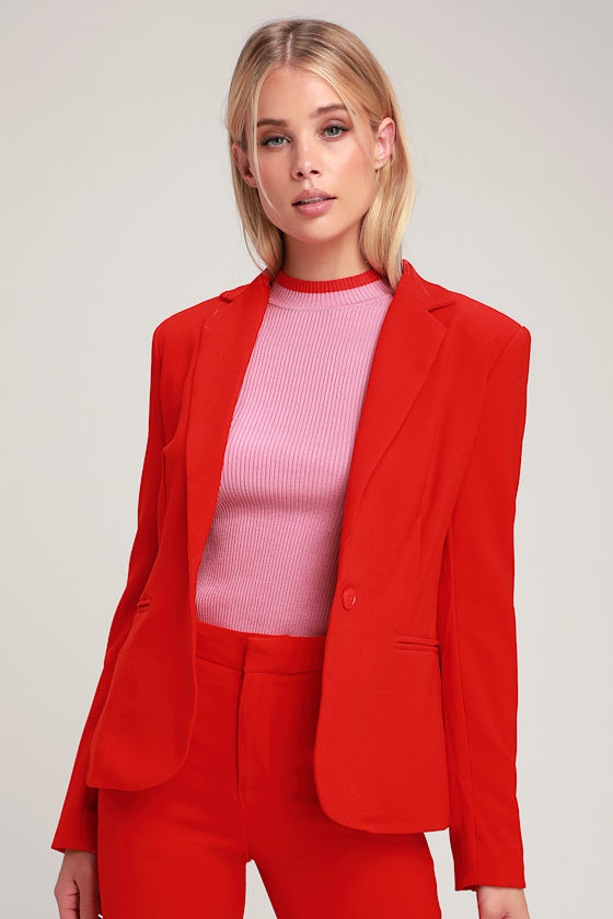 red blazer pant suit