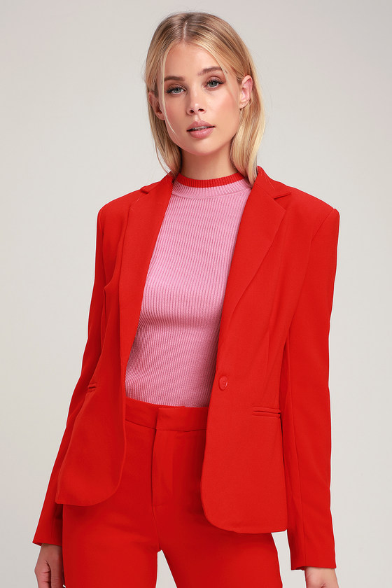 red blazer grey pants