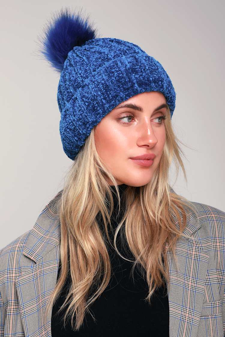 blue beanie with pom