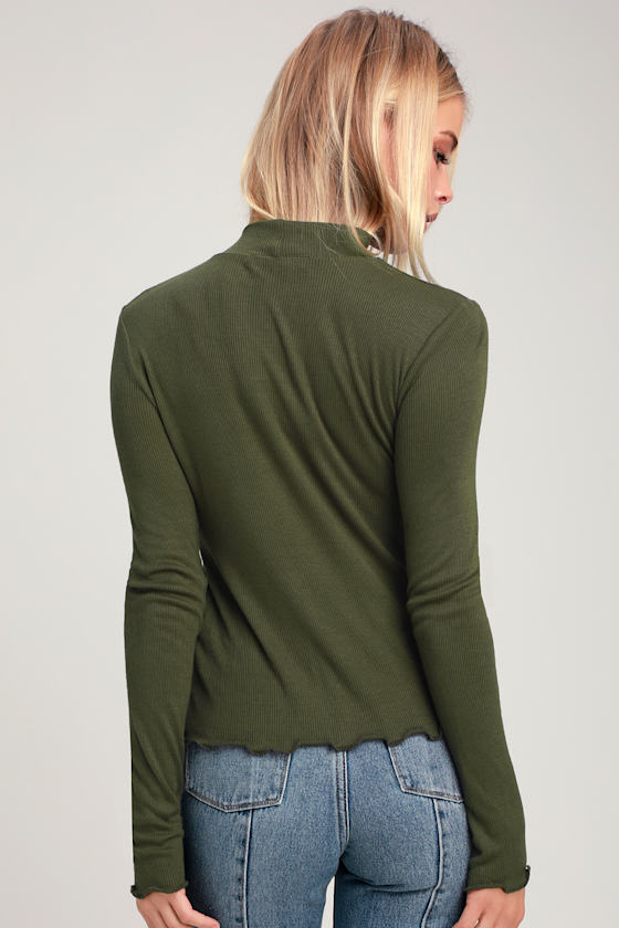 Drea Olive Green Mock Neck Long Sleeve Lettuce Edge Top 5