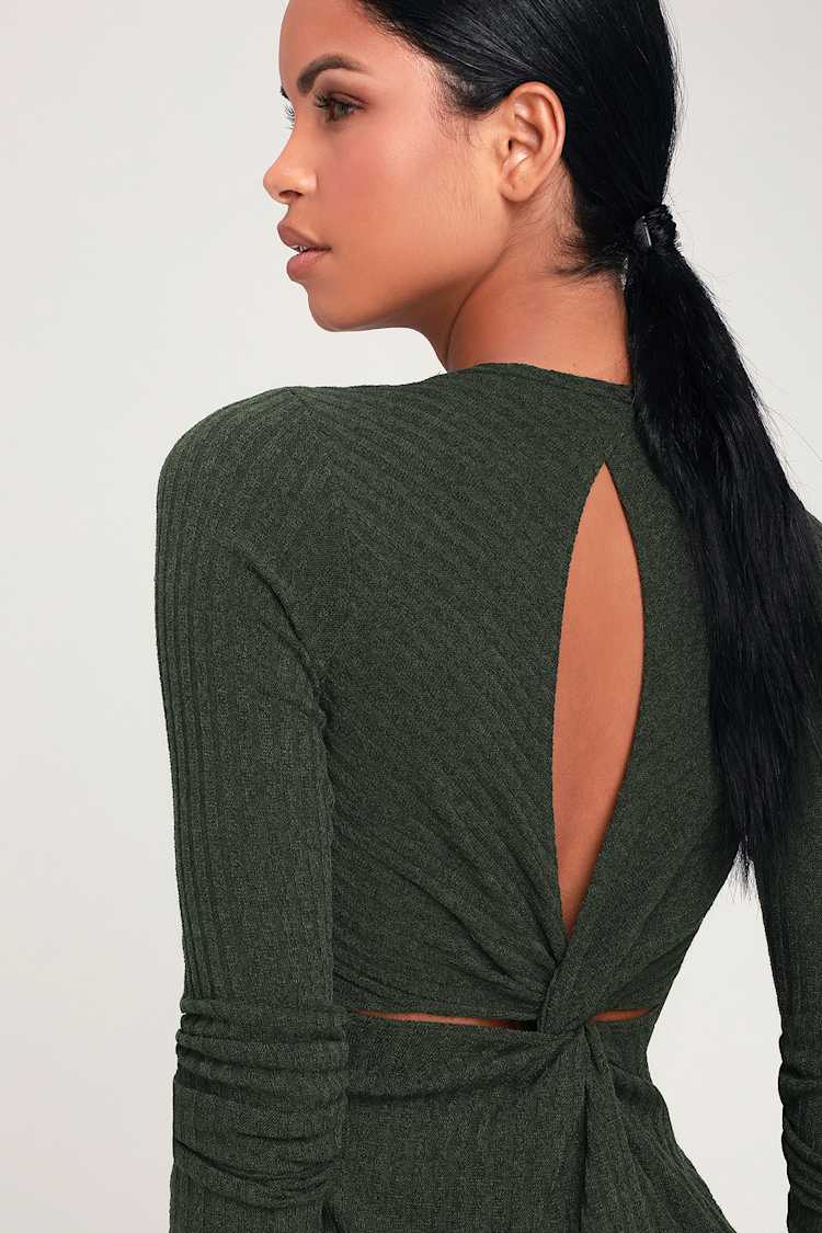 open lace back dress Green Olive Long Sleeve Midi Dress