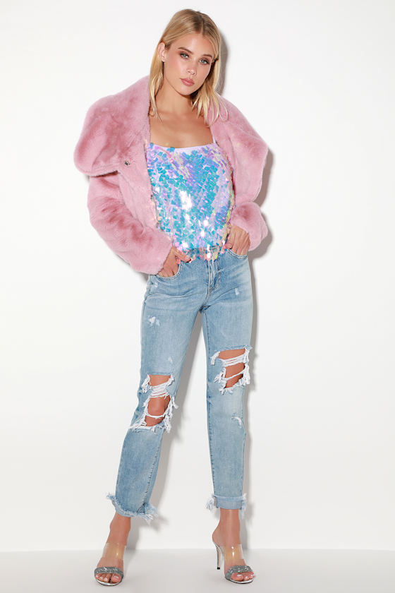 Party Scene Lavender Iridescent Sequin Cropped Tank Top 1