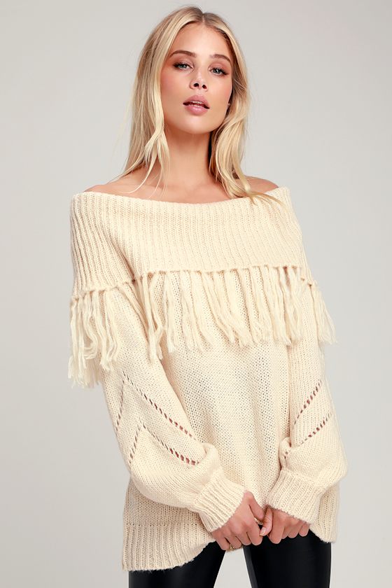 Cute Cream Sweater OfftheShoulder Sweater Fringe Sweater Lulus