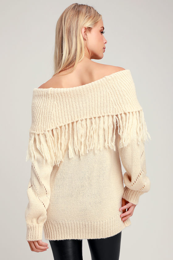 Cute Cream Sweater OfftheShoulder Sweater Fringe Sweater Lulus